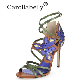 

2019 Carollabelly Summer High Heel Stiletto High Heel Embroidery Sandals Big Size Flower Ankle Buckle Strap Wedding Shoes