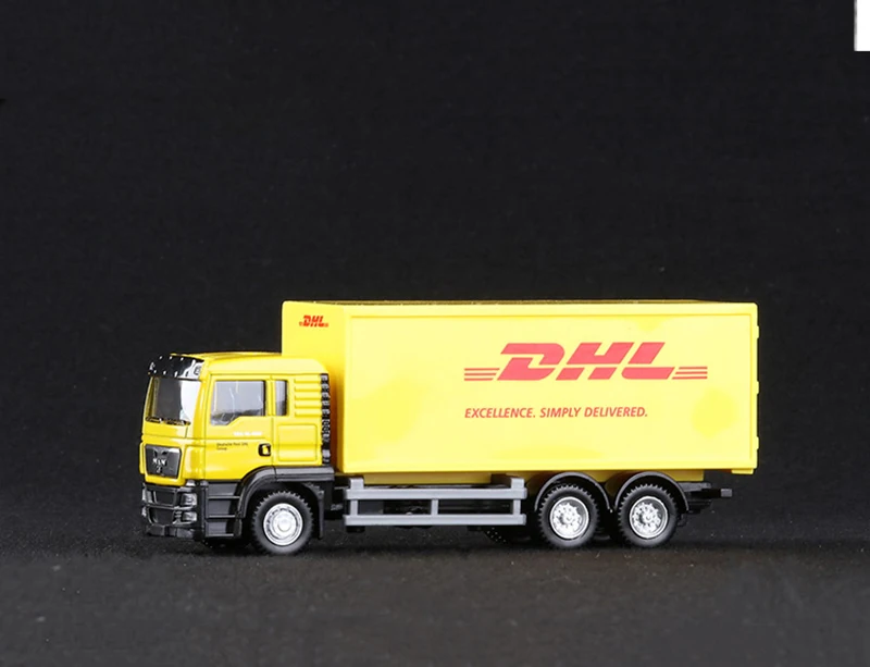 1/64 масштаб Экспресс DHL модели грузовых автомобилей желтый выдвижной назад сплав пластик с коробкой Игрушки для коллекции дисплеев подарки для детей