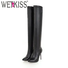 WETKISS/женские Сапоги выше колена размера плюс 46 эластичные женские сапоги из искусственной кожи с острым носком вечерние туфли на высоком каблуке Новинка года; женская обувь
