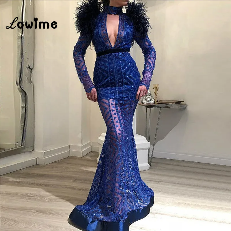 

Blue Feather African Mermaid Evening Dresses 2019 Turkish Dubai Abaya Celebrity Party Pageant Dress Arabic Prom Dresses Vestidos