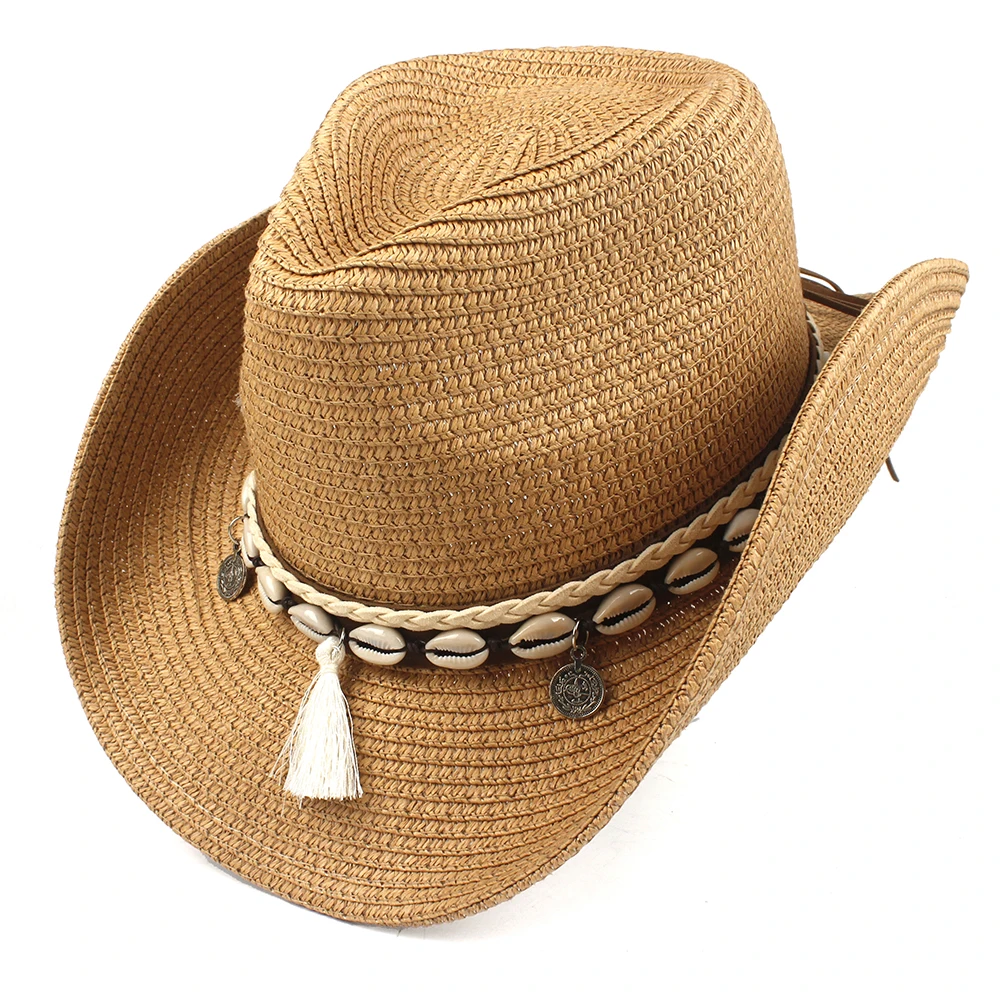 Dark Tan Богемные женские полые западная ковбойская шляпа женские пляжные Sombrero Hombre Соломенная Панама ковбойские Джаз солнцезащитные очки размер 56-58 см - Цвет: Dark Tan