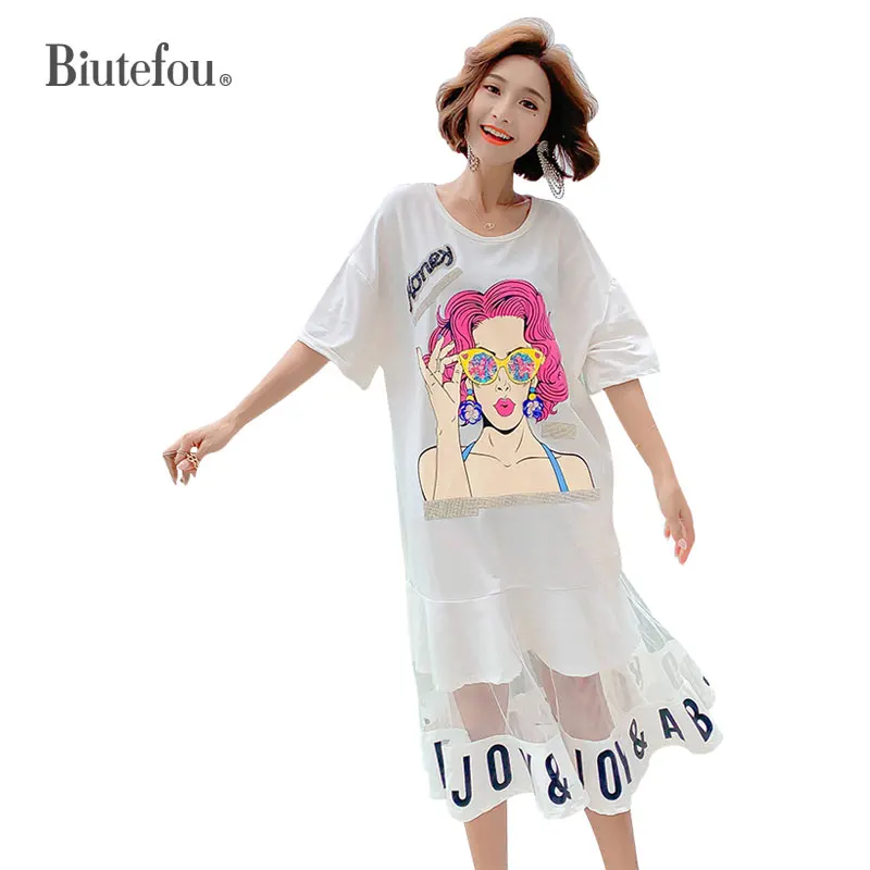 

2019 Summer mesh long dresses cartoon print sequins women new arrival dresses