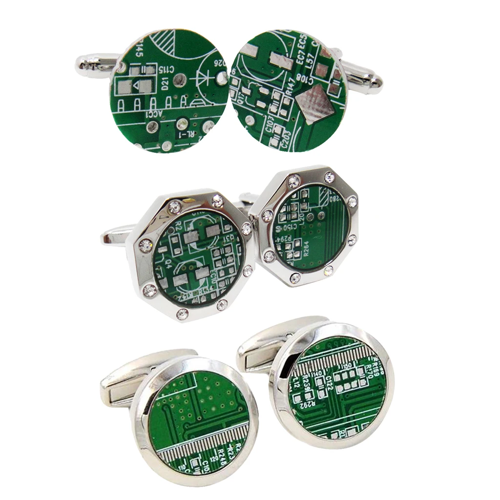 Novelty Men`s Brass Green PCB Cuff Links Round Circuit Board Design Cufflinks 16mm 18mm 20mm