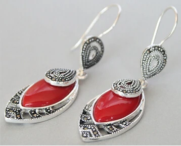 

Bridal jewelry free shipping hot sellVintage New 925 Silver Red Coral Marcasite Hook Earrings