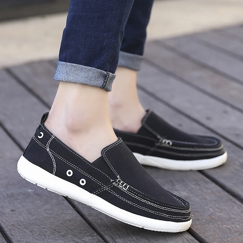 Big Size:39-46 Men's Canvas Shoes Breathable Outdoor Casual Shoes Men Black Comfortable Slip-on Loafers Lazy Driving Shoes