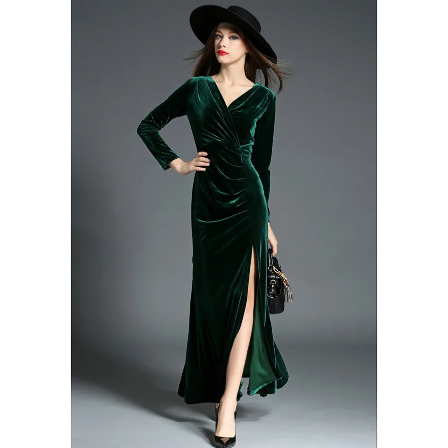 2018 Runway Dress Spring Winter Evening Party Dresses Red Velvet 2018 Runway Dress Spring Winter Evening Party Dresses Red Velvet Women Y High Split Long Maxi Vestido Longo In From S