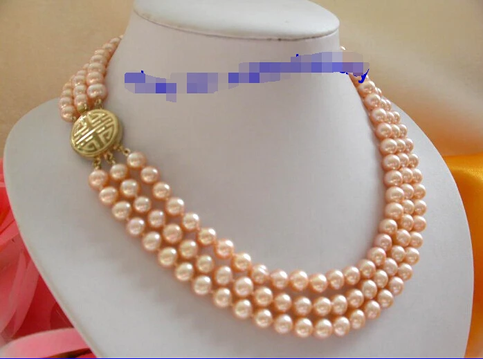 

FREE shipping>>>>stunning 3rows 8mm round pink freshwater pearls necklace g761 6.07