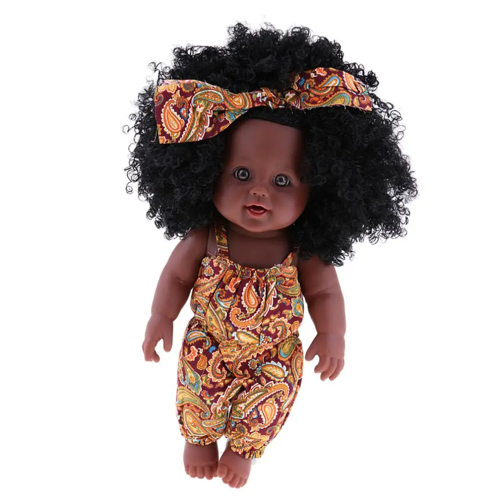 Huggable 12inch African American Baby Girl Doll Vinyl Newborn Doll Toddler with Overalls Clothes Children Sleeping Toy