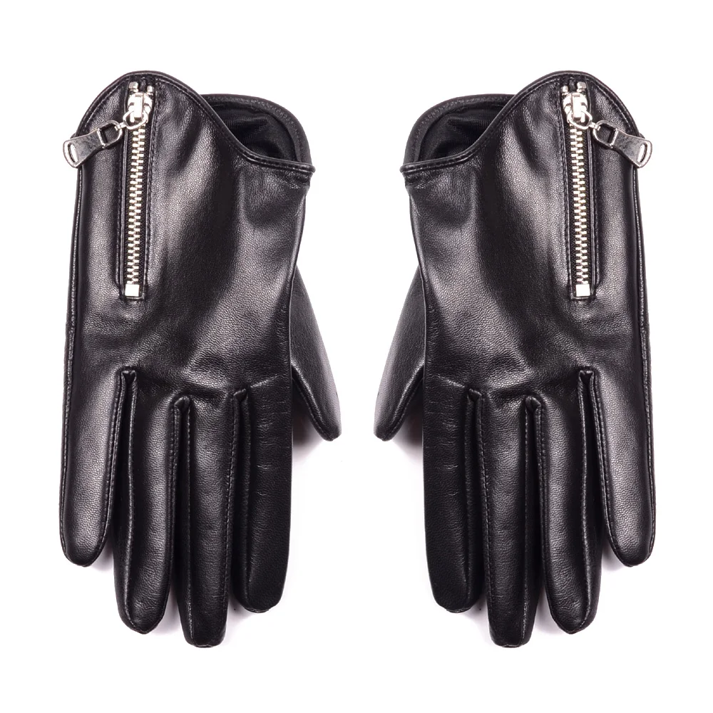 

2019 New Women's Ladies genuine Leather Zipper Goat Skin Punk&Rock Wrist Touch Screen Short Gloves