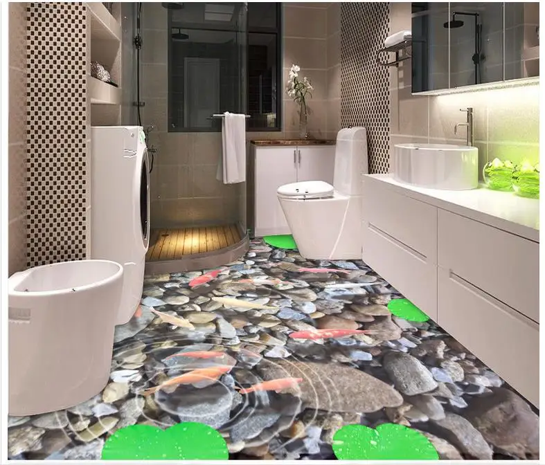 

Custom 3d wallpaper 3d flooring painting wallpaper 3d bathroom floor Lotus leaf koi fish floor 3d living room photo wallpaer