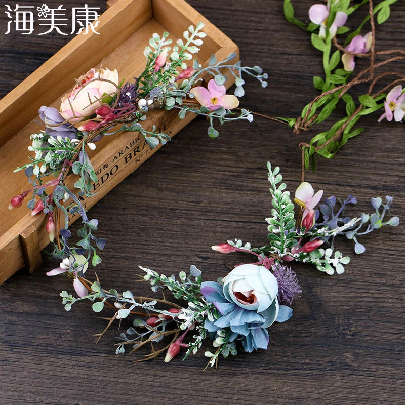 

Haimeikang Bride Handmade Flower Headdress Rattan Wreath Hair Band Seaside Holiday Photo Wedding Hair Accessories