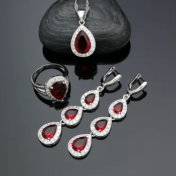

925 Silver Jewelry Sets For Women Red Water Drop Cubic Zirconia White Crystal Long Earrings Ring Pendant Necklace Kit