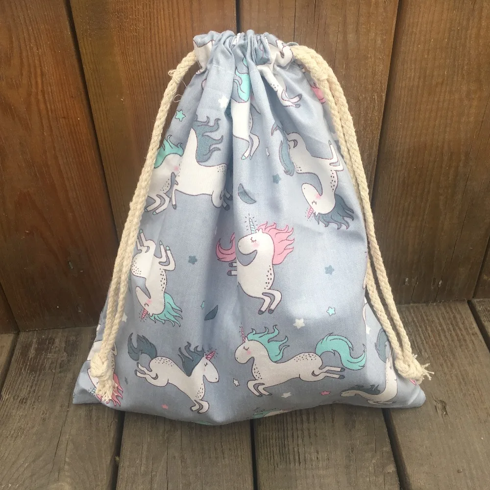 

YILE 1pc Cotton Twill Drawstring Pouch Organizer Party Gift Bag Print Unicorn Gray Base YL9415d