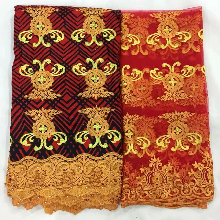 

2018 Latest Red Wax Guipure Lace 6 Yard+2 yard net lace High Quality African Wax Lace Fabric Guipure Rhinestones Cord For women