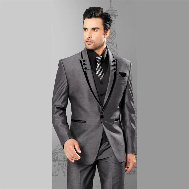 2017 Men Suits Slim Fit Peaked Lapel Tuxedos Grey Wedding Suits With Black Lapel For Men Groomsmen Suits One Button 3 Piece Suit