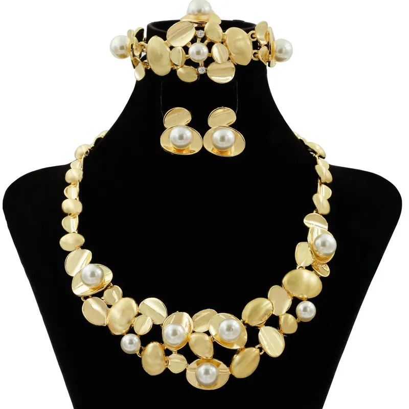 

Fashion African Charm Wedding Pearl Jewelry Brand Necklace Earrings Dubai Gold Jewelry Wholesale Women's Jewelry Sets