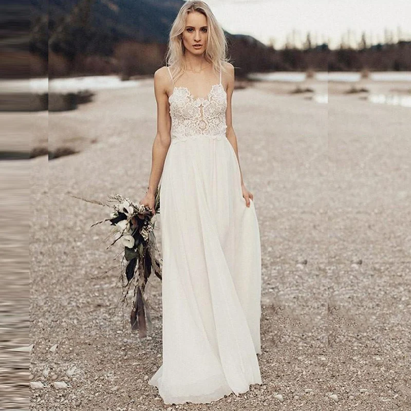 

SOFUGE Beach Wedding Dress with Spaghetti Straps 2019 Vestido de noiva Vitage Lace Top Chiffon Boho Bridal Dresses Sweep Train