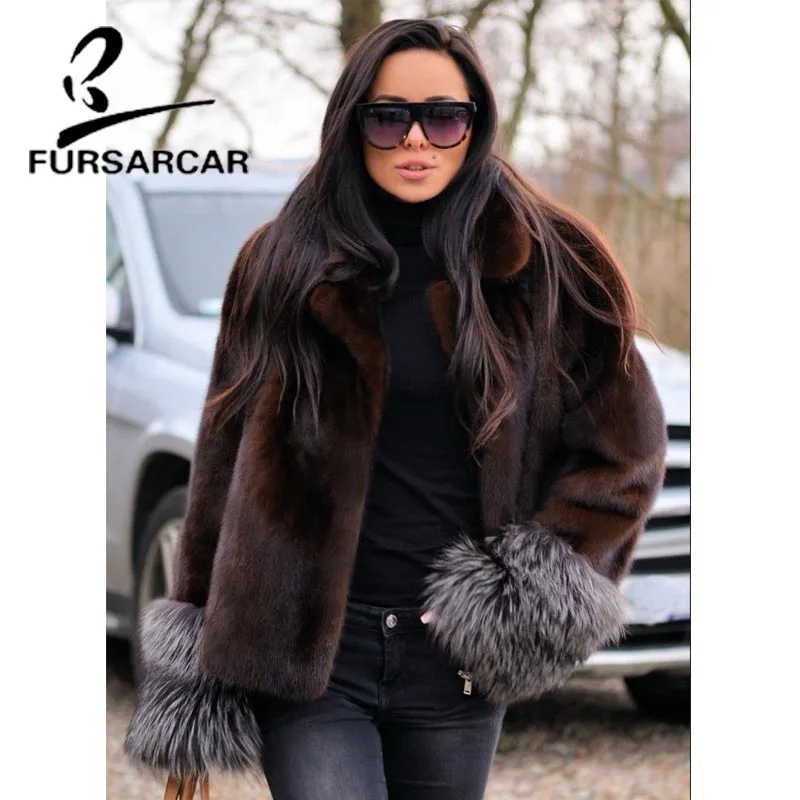 Женская короткая шуба из меха норки FURSARCAR натуральной кожи с манжетами