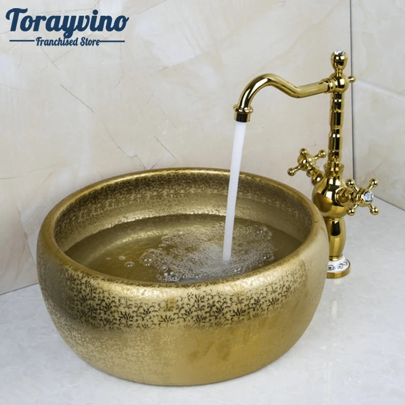 Double Handle Faucet Round Paint Golden Bowl Sinks / Vessel Basins