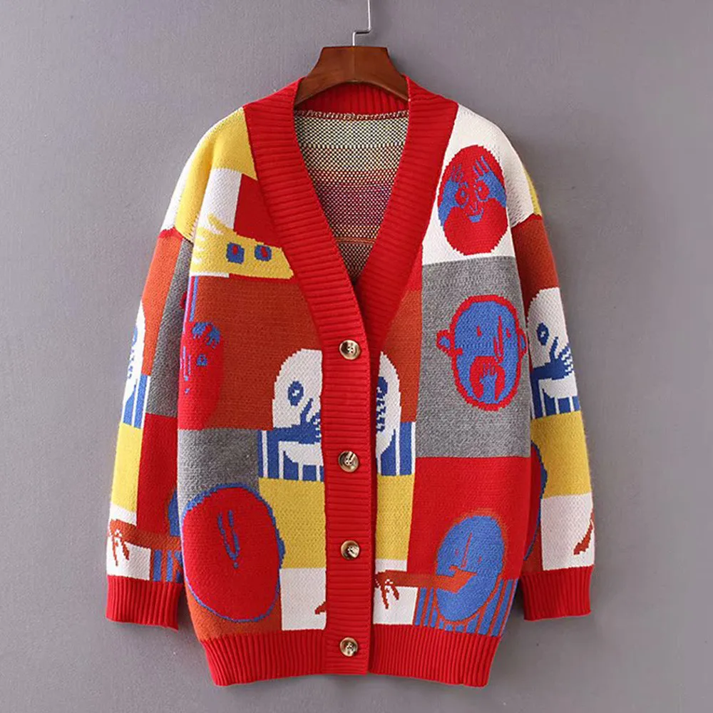 

Ugly Christmas Sweater Women Fashion Cartoon Jacket Doodle Sweater V-neck Knit Cardigan Coat Ladies Sweaters Cloth