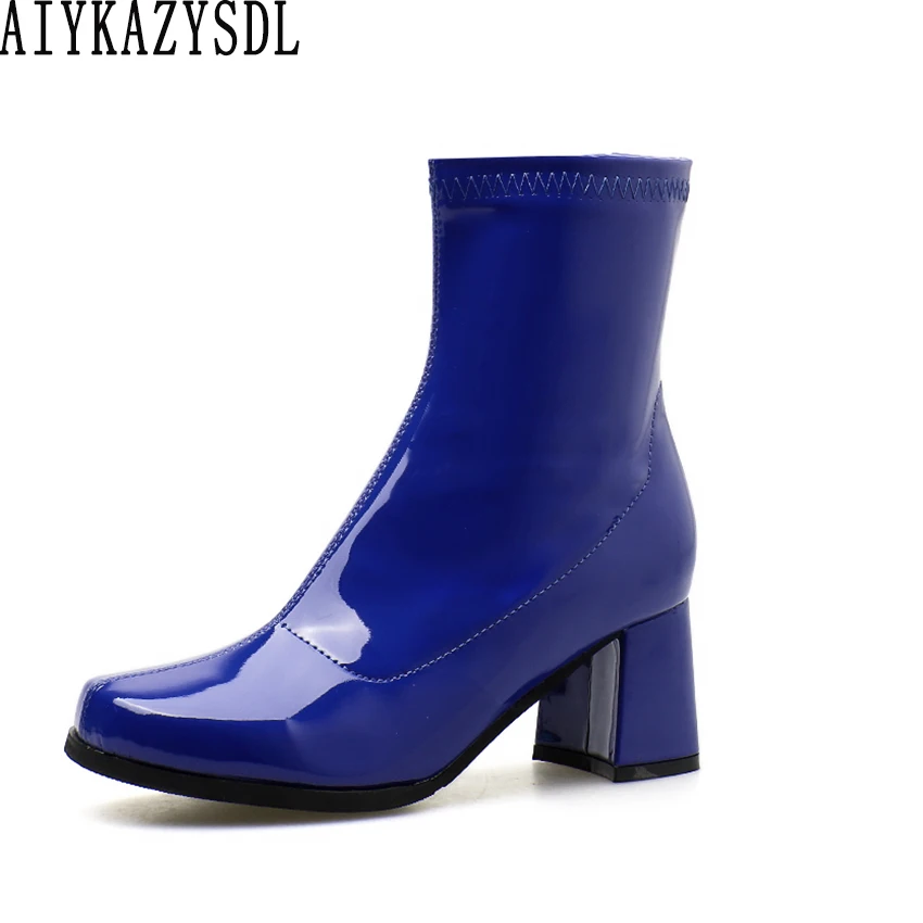 AIYKAZYSDL Women Vinyl Glossy Leather Boots Faux Patent Leather Square ...