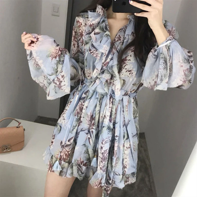 

SHTONGHUA Blue Flower print mini dress 2019 Runway women Summer Chiffon Ruffles Sexy V Neck Beach dress vestidos