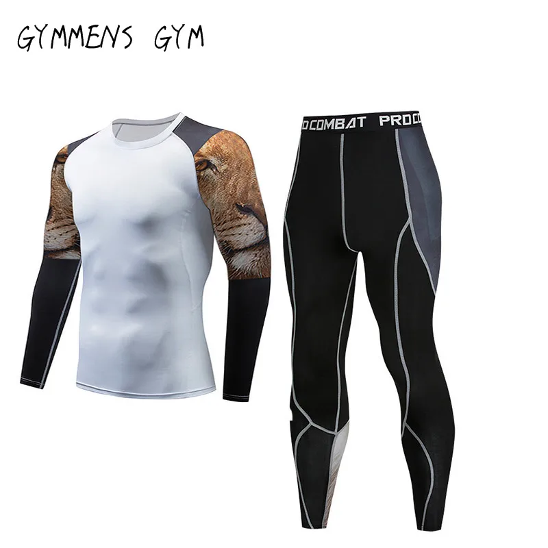 Мужской спортивный комплект для бега, компрессионная футболка+ штаны, плотно прилегающая с длинными рукавами Рашгард для фитнеса, ММА, тренировочная одежда, спортивные костюмы для занятия йогой