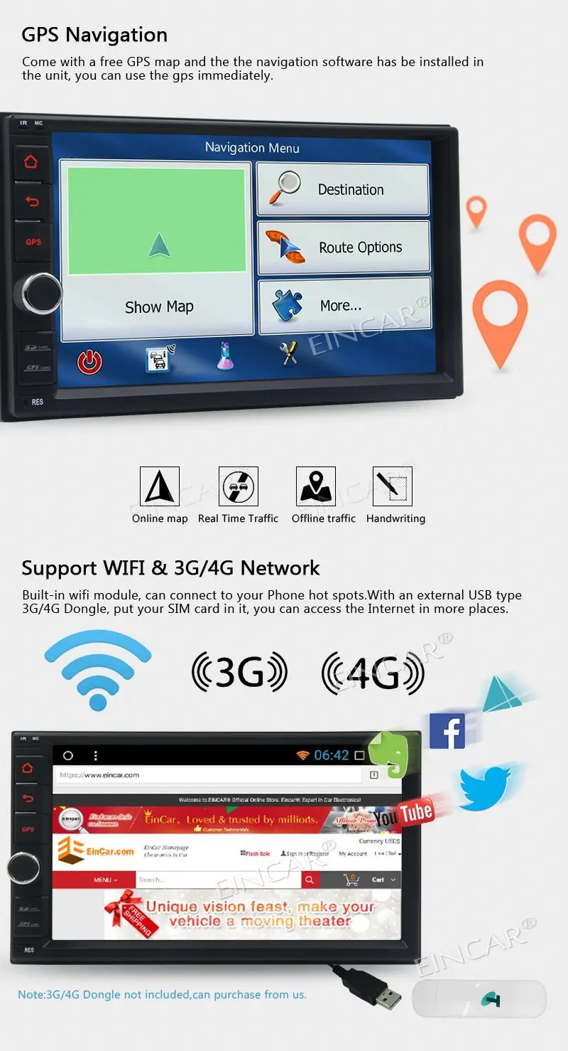 Discount 7 inch Android 7.1 car audio, no DVD, Hd 1080p, GPS navigation, WiFi 3G/4G network, USB SD mirror link wireless reversing camera 3