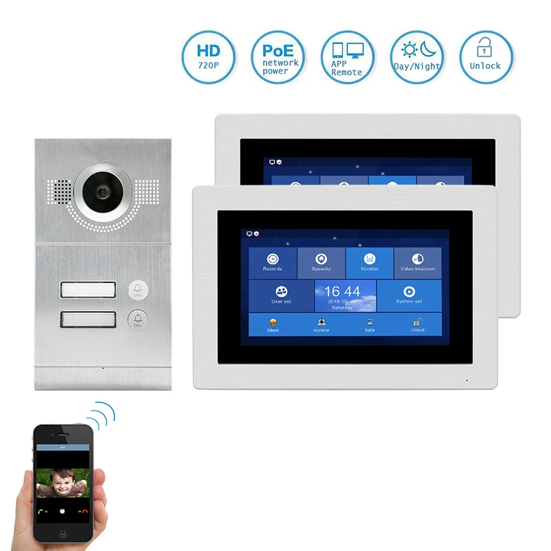 

Free Shipping 1.0MP HD WIFI IP Apartment 7" Video Intercom Door Phone Record Kit 2 Touch Screen POE Power Phone Remote Monitor