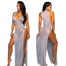 2017 Women Sexy Gray Mesh Maxi Dresses See Through Dress V Neck Vestidos Split Evening Night Club Wear for Ladies Mujer Femme