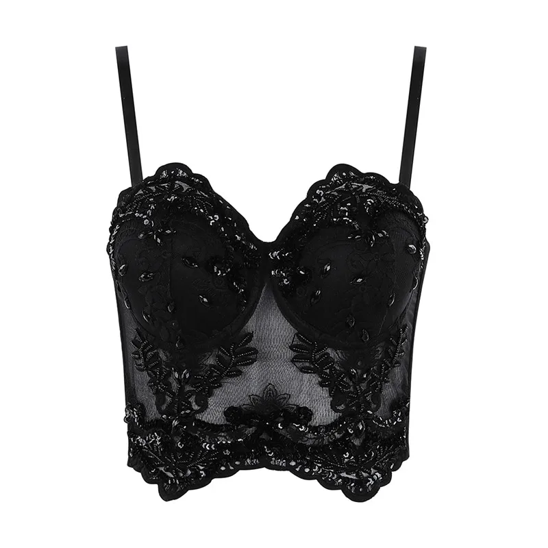 

Black Summer New Camis & Tops Strap Sequins Beading Lace Women's Tops Luxury Celebrity Night Party Tops