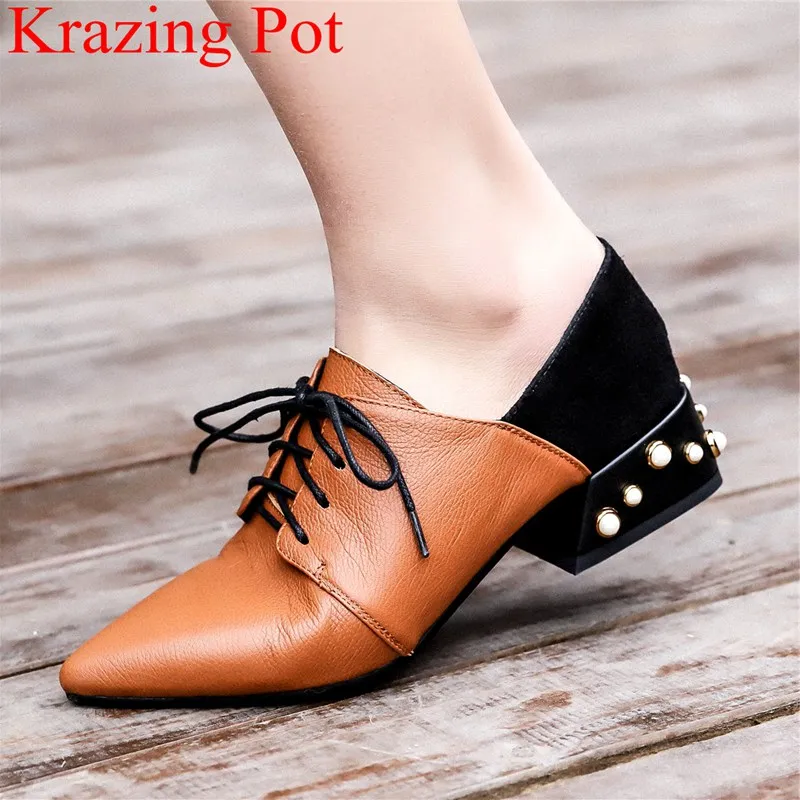 

2019 superstar lace up big size med heels strange style cow leather women pumps elegant pointed toe office lady party shoes L89