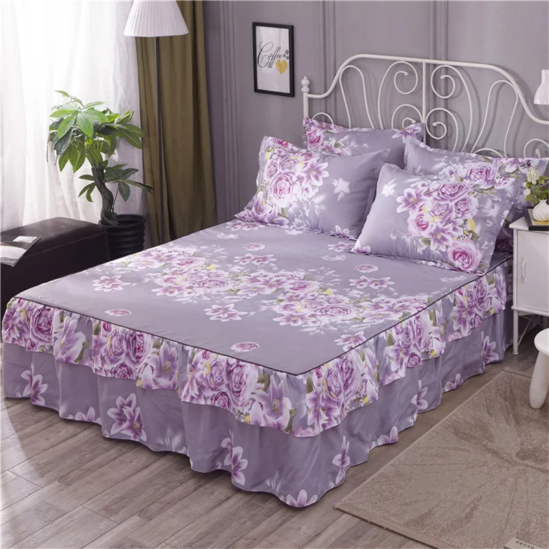 

Double Layer rufflers bed skirt floral blossom bed set elastic bed sheets set 160cmX200cm/180cmX200cm 3Pcs Bedskirt Pillow shams