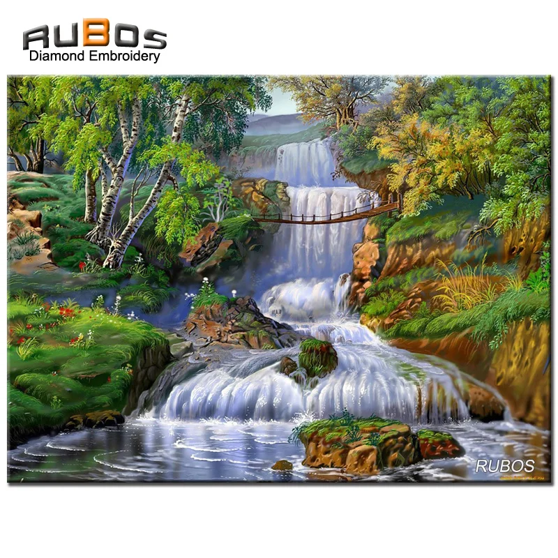 

RUBOS Waterfall Tree Nature 5D Diamond Mosaic Pattern Rhinestone DIY Diamond Embroidery Painting Full Round Drill Sale Sticker