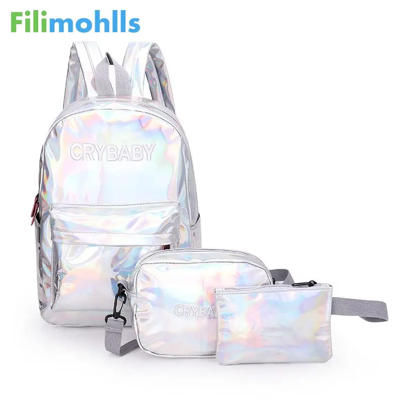 

2019 Holographic Laser Backpack Embroidered Crybaby Letters Hologram Backpack School Bag +shoulder bags +penbags 3pcs/set S1907