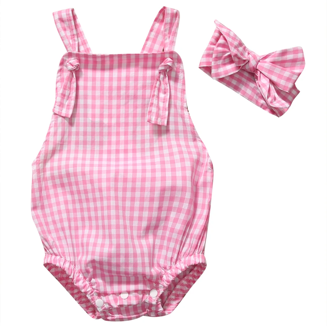 

Plaid Jumpsuit Infant Newborn Baby Girls Pink Sleveless Summer Boho Bodysuit With Bow Headband Jumpsuit Outfits Clothes 0-24M