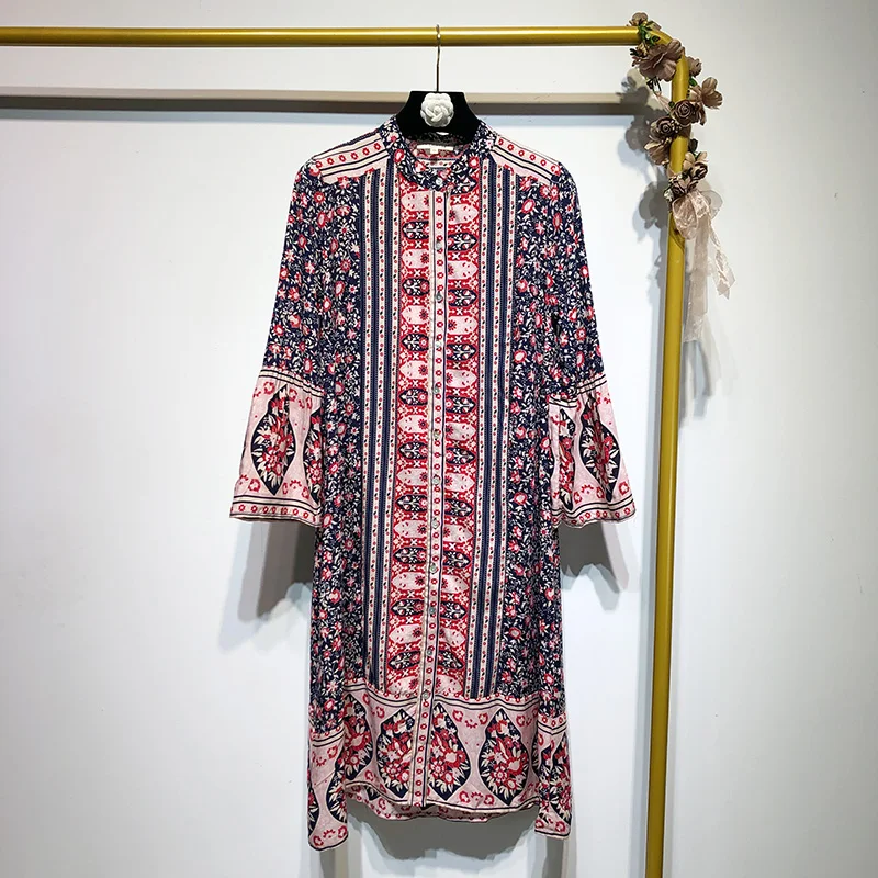 

2019 summer new sweet floral holiday style single-breasted split bohemian print dress female