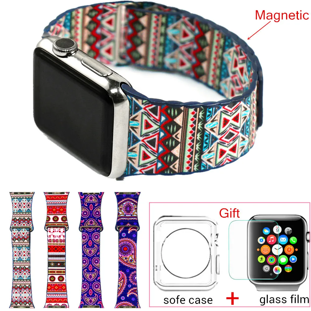 Fashion Bohemian Leather Loop Watchband for iwatch bands Strap Magnetic Stainless steel Buckle for Apple Watch