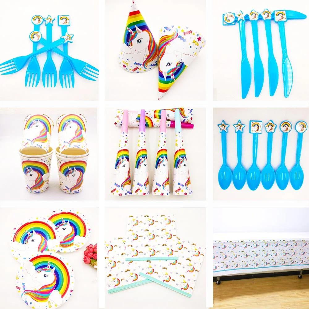 

Disney ! Unicorn Kid Birthday Party Cup Plate Banner Hat Straw Fork knive horn Kids Rainbow Balloons Unicorn Party Supplies