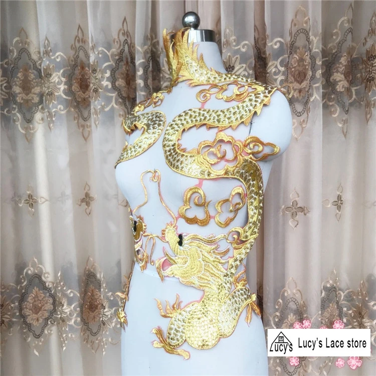 1 шт. китайский элемент золотой дракон вышитые Блестящие Блестки нашивки для высокого класса одежды и платья
