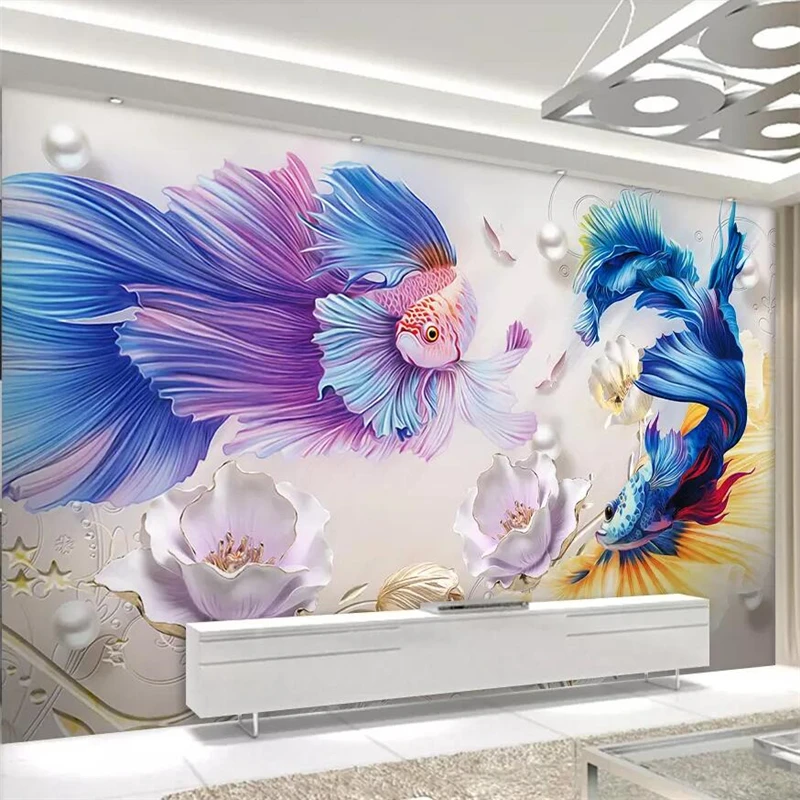 

wellyu 3d three-dimensional embossed goldfish lotus jewelry TV background wall paper custom large mural wallpaper mural