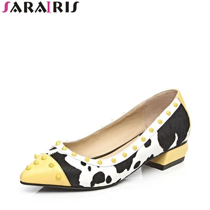 

SARAIRIS 2018 Spring Autumn Fashion Sweet Genuine Leather Mixed Color Med Heels Pumps Pointed Toe Shallow Rivet Shoes Woman