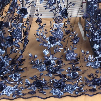 

New fashion 3colors with 3D flowers on mesh embroidery lace fabric by yard 130cm width