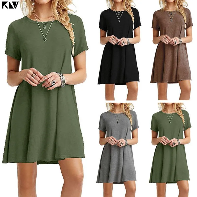 

KLV Women Summer Plus Size Short Sleeves Midi Swing T-Shirt Dress Plain Solid Color Crew Neck Casual Loose Pullover Tunic Tops