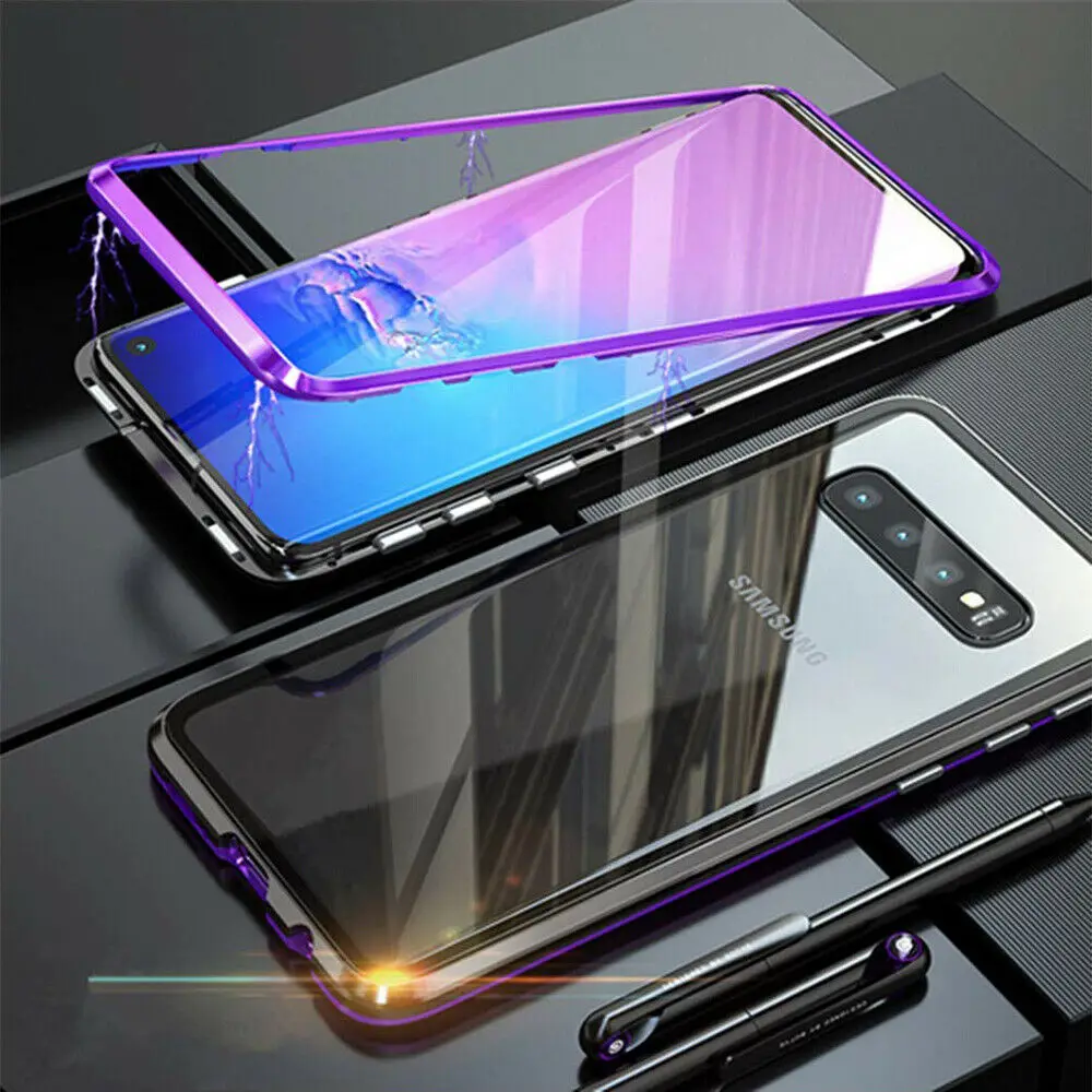 Magnetic Absorption Metal Bumper Back Glass Case Cover For Samsung S10 + S9 S8