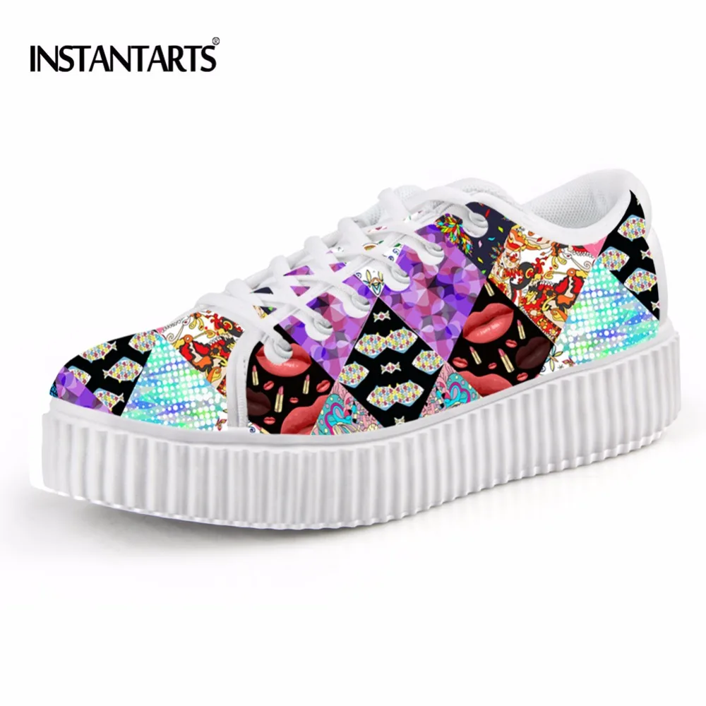 

INSTANTARTS Women's Flats Platform Shoes Mixed Color Patchwork Brand Female Lace-up Breathable Height Increasing Creeper Shoes