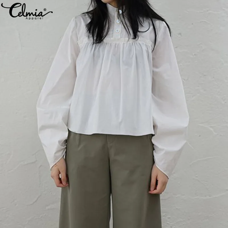 

Women Tops and Blouses 2019 Celmia Fashion White Shirt Long Sleeve Casual Loose Solid Camisa Pleated Work Blusas Mujer Plus Size