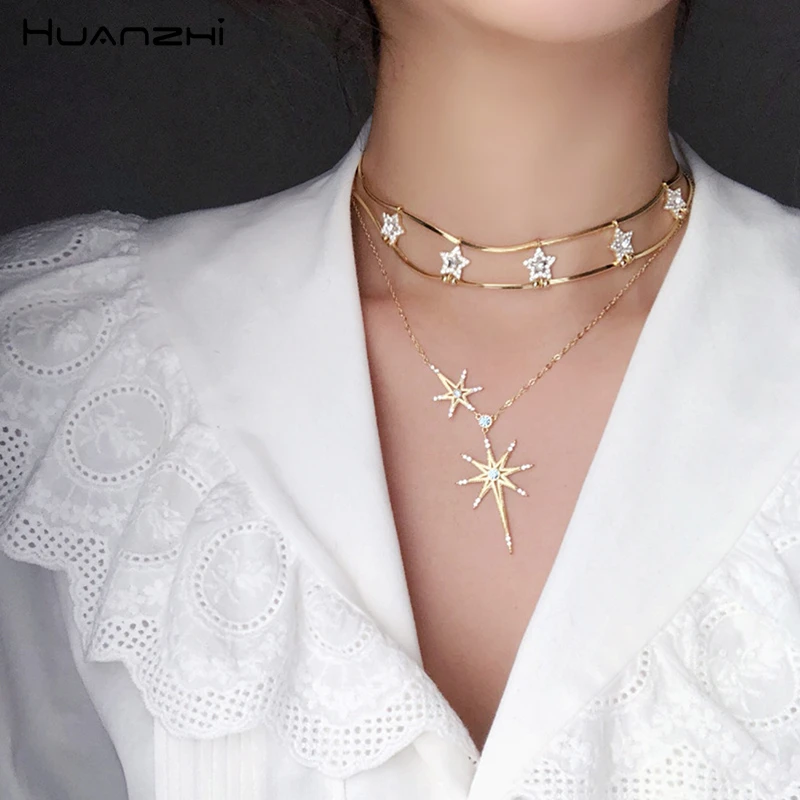 HUANZHI 2019 Шикарный Блестящий Звездный многослойный Стразы чокер короткая цепь