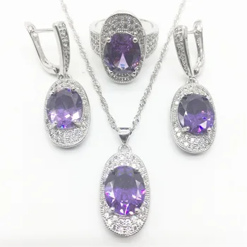 

Purple Zircon Costume Silver 925 Jewelry Sets Women Pendant&Necklace Ring Earrings With Natural Stones Jewelery