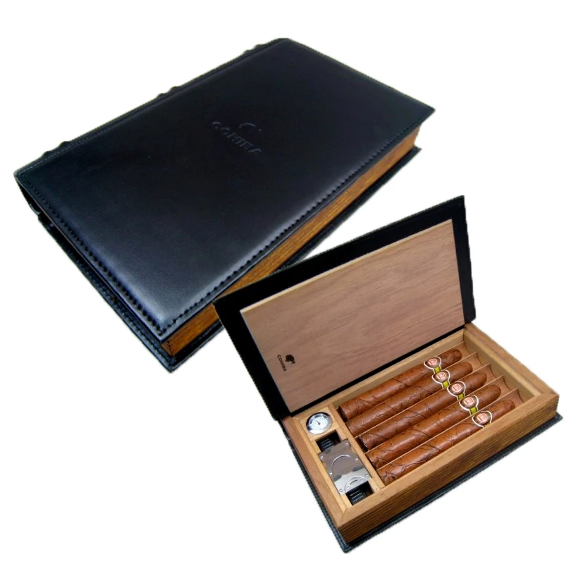 

Portable Travel Use Wooden Lining Leather Cigar Humidor Two Color For Choose
